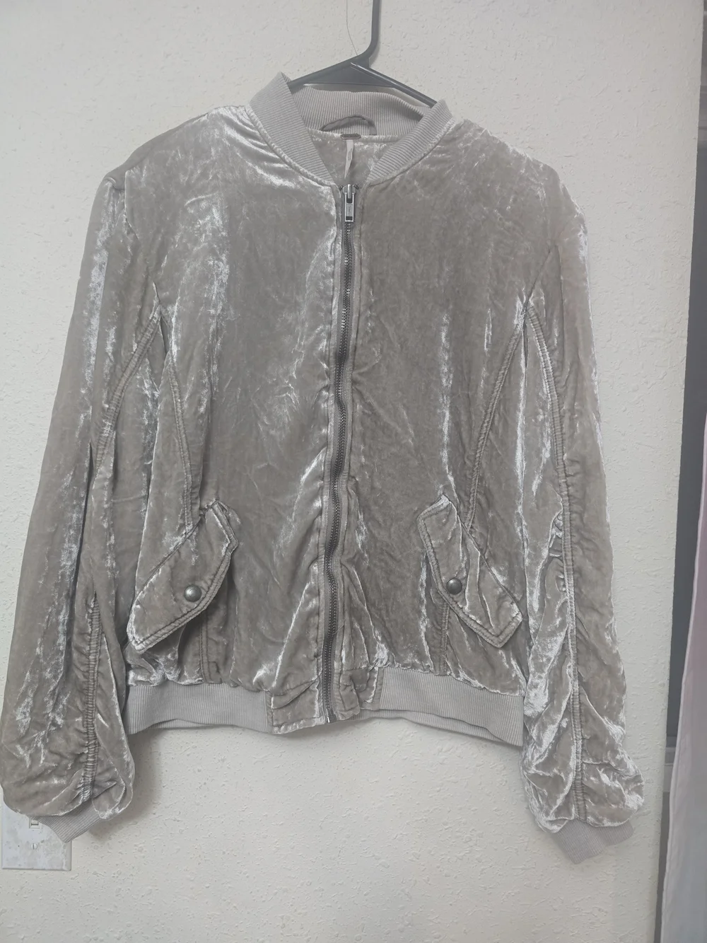 Free People Shimmer Velvet Bomber Jacket in Taupe